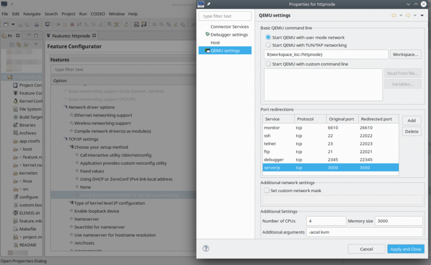 ELinOS System Project - Feature Configurator - QEMU - Httpnode Properties - Docker